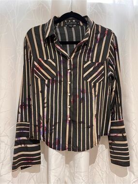 Parasuco Black & Cream Striped Button-Down Shirt with Purple and Red Accents
